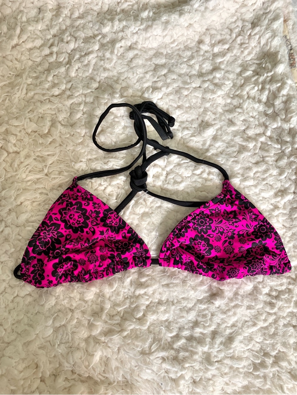 Women's Hot Pink & Black Floral Triangle String Bikini Top S/M